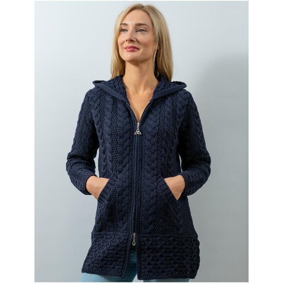 Aran Crafts 100% Merino Wool Hooded Coatigan Cardigan Sweater Coat Cable Knit - Picture 1 of 9